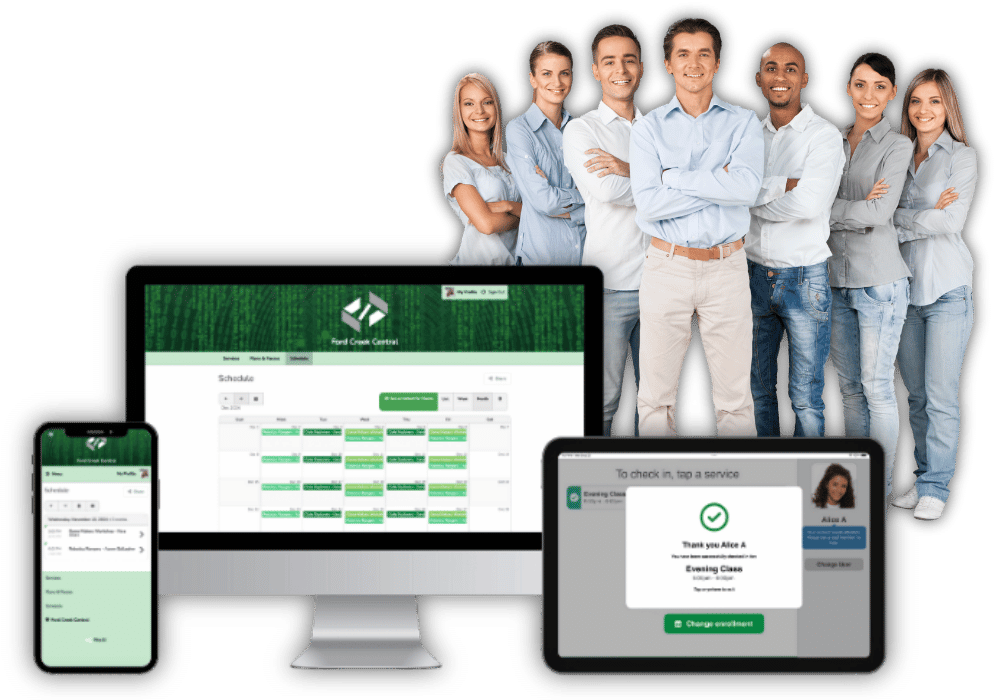 PPC Page - Phone Tablet Desktop Mockup Kiosk App - Mockup with Group of People - Green