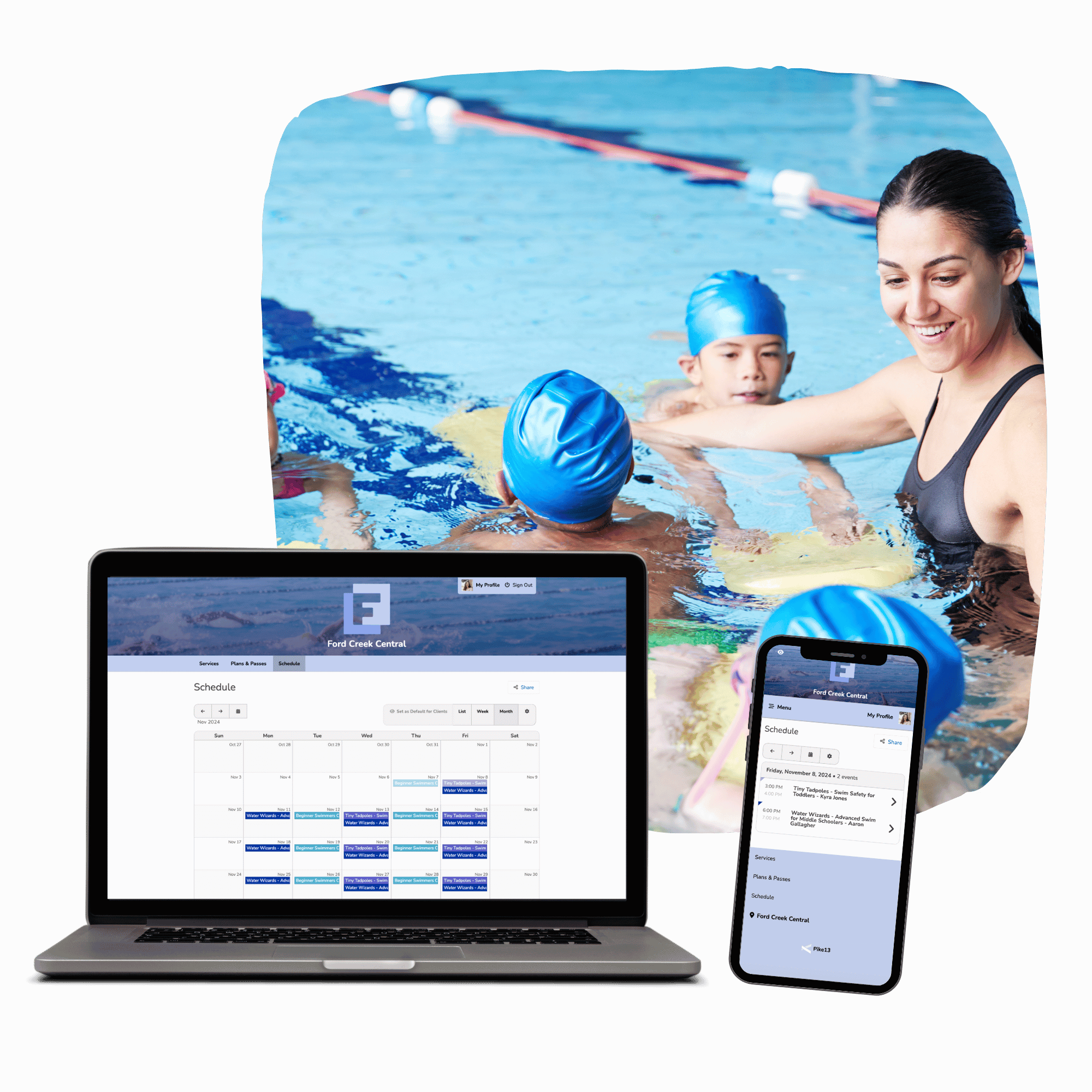 2024 - Product Mockup for Ford Creek Swim with Laptop and Phone with Image of Kids Swimming with Instructor