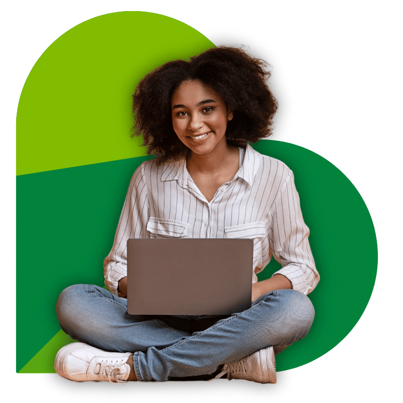 Get Started Page - FAQ Sidebar - Green Heart with Person on Laptop