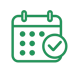 Branded green icon for Scheduling. Calendar with a check mark