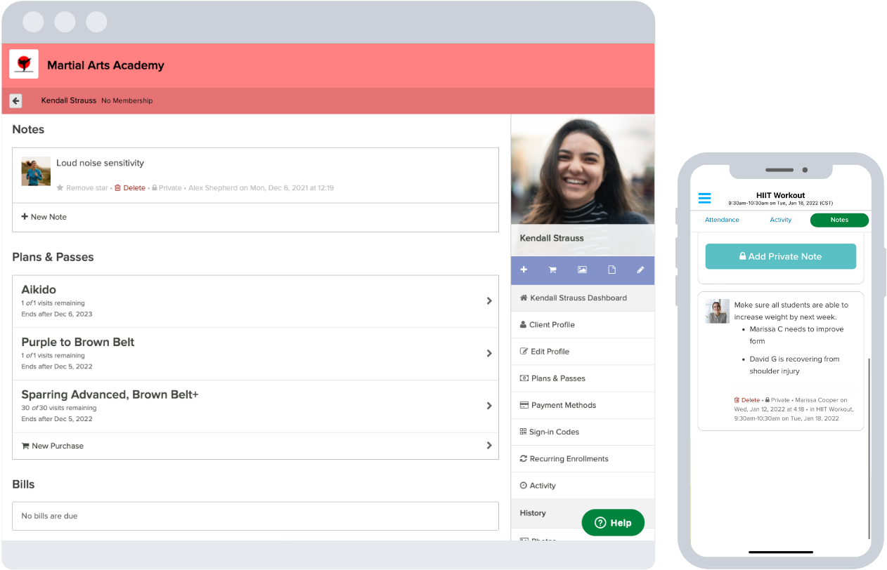 private notes desktop staff app views martial arts