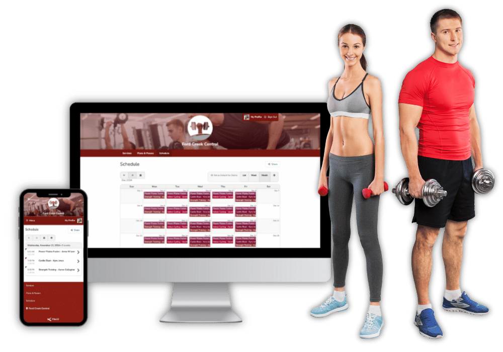 PPC Page - Fitness Industry - Header Image - Mockup with Laptop Phone and Fitness People with weights