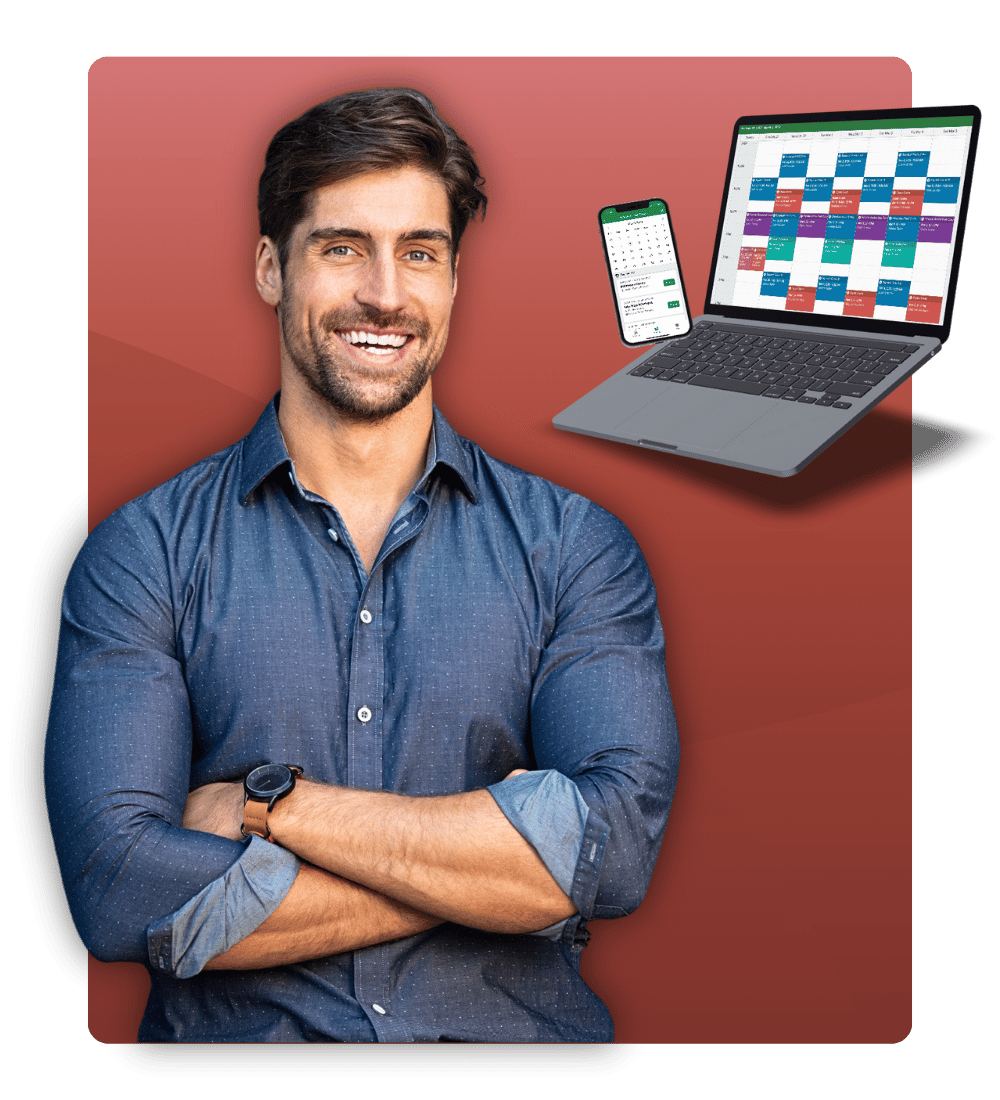 PPC Page - Fitness Industry - Section Graphic - Confident athletic man person next to laptop phone mockup with red gradient bg